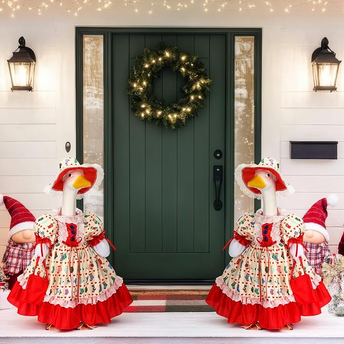 Suzile Christmas Porch Goose Outfit Holiday Geese Costume for 23" High Cement or Plastic Goose Clothes for Yard Lawn Outdoor Garden Patio Duck Statue Christmas Sock Dresses Winter Santa Party Decor