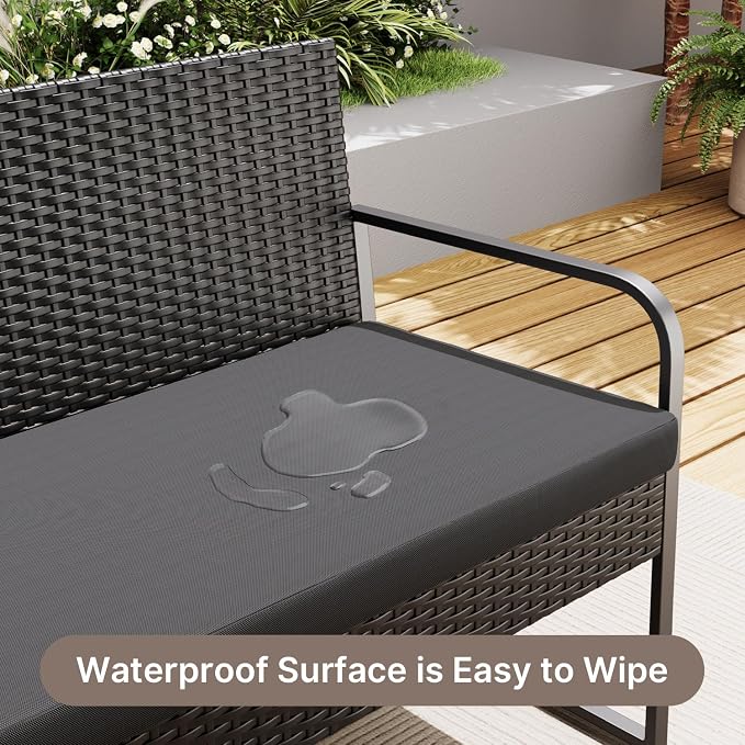 Gizoon 8 Piece Outdoor Black Wicker Patio Furniture, Outdoor Patio Furniture Set with Glass Coffee Table, Modern Rattan Chairs Conversation Set, for Porch, Garden, Lawn, Black Cushion