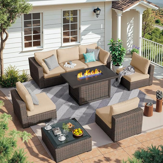 8 Piece Patio Furniture Set with Fire Pit Table All Weather PE Rattan Outdoor Sectional Sofa Couch with No-Slip Cushions and Glass Top Table for Garden, Poolside, Backyard (Beige)
