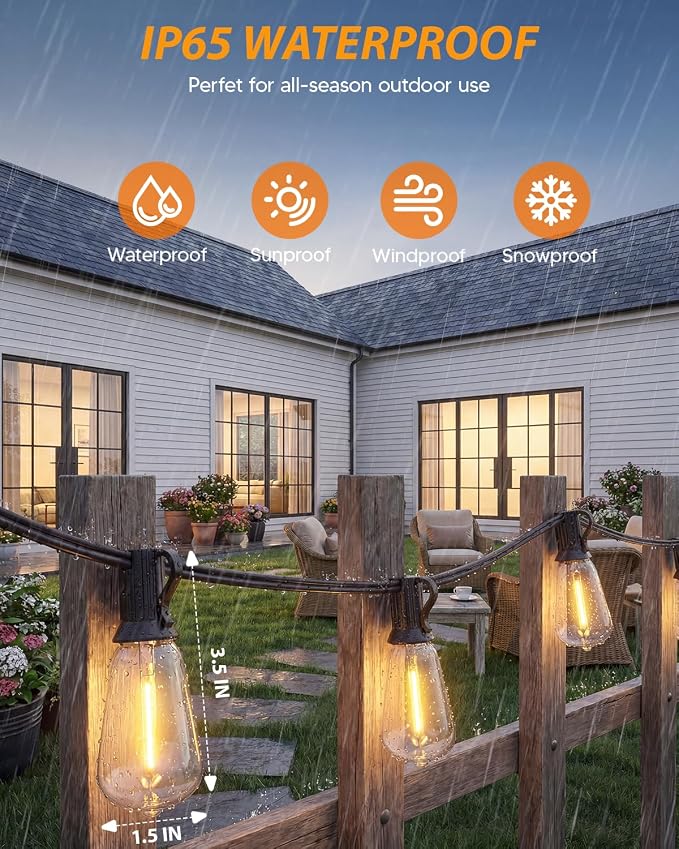 Outdoor String Lights 80FT, 50+4 Shatterproof Bulbs ST38, 1.5FT Spacing, IP65 Waterproof | Dimmable with Remote, Heavy-Duty, Include Screw & Zip Ties for Patio Backyard Holiday Outside