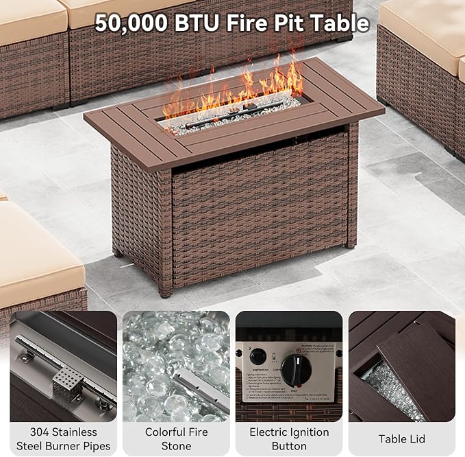 LazySunsets 12-Piece Patio Furniture Set with 44" Fire Pit Table, Wicker Outdoor Furniture, Patio Conversation Sets with Coffee Table, Outdoor Sectional Couch, Beige