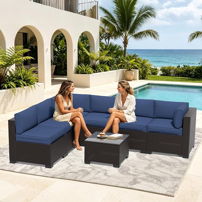 7 Pieces Outdoor Patio Furniture Set, Wicker Modular Sectional Sofa, All Weather Conversation Sets with Glass Table for Yard, Garden, Poolside, Navy Blue Cushions