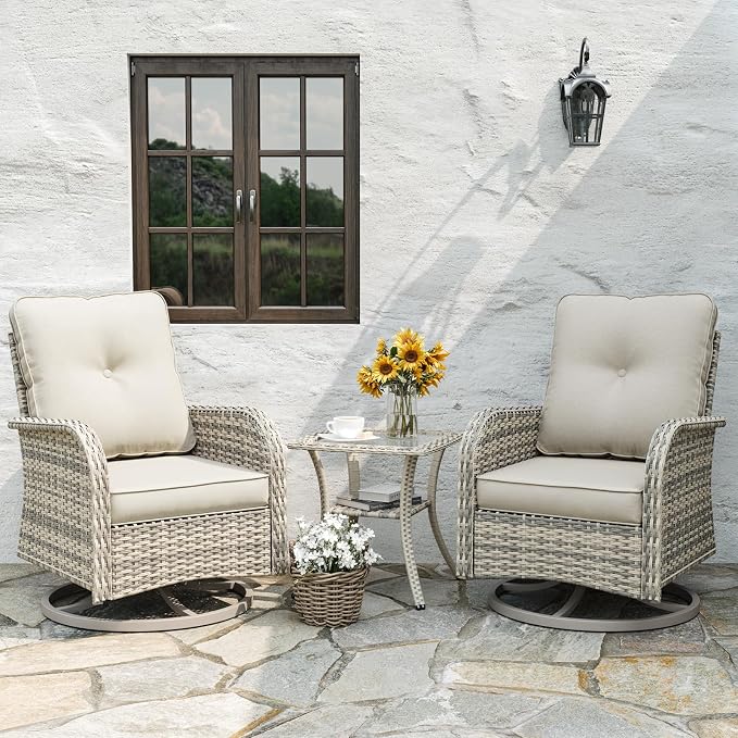 6-Piece Patio Rocking Swivel Chair Outdoor Wicker Rattan Bistro Set with Tempered Glass Side Table, Outdoor Patio Furniture Set for Garden, Deck, and Balcony, White