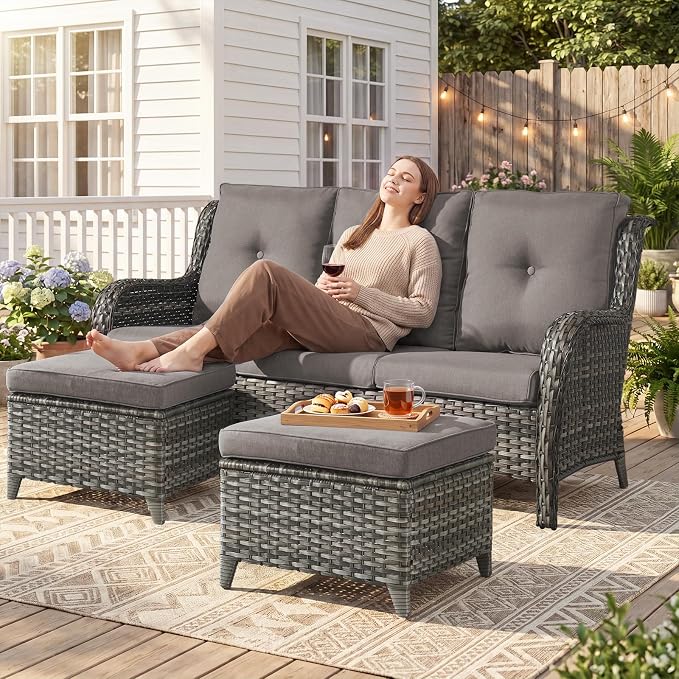 Belord 3-Piece PE Wicker Outdoor Sofa with 2 Ottomans, Luxury Patio Couch Convertible to Chaise Lounge, All-Weather High Back Deep Seat Woven Furniture for Deck, Porch - Grey/Grey