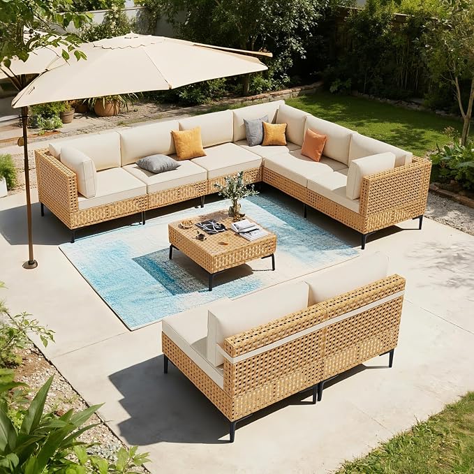 ABCASA 9-Piece Patio Sectional Furniture Set, 110" Wicker Outdoor Patio Furniture Sets with Anti-Slip Cushions & Coffee Table,Boho Patio Conversation Set Sectional for Backyard,Porch,Deck,Beige