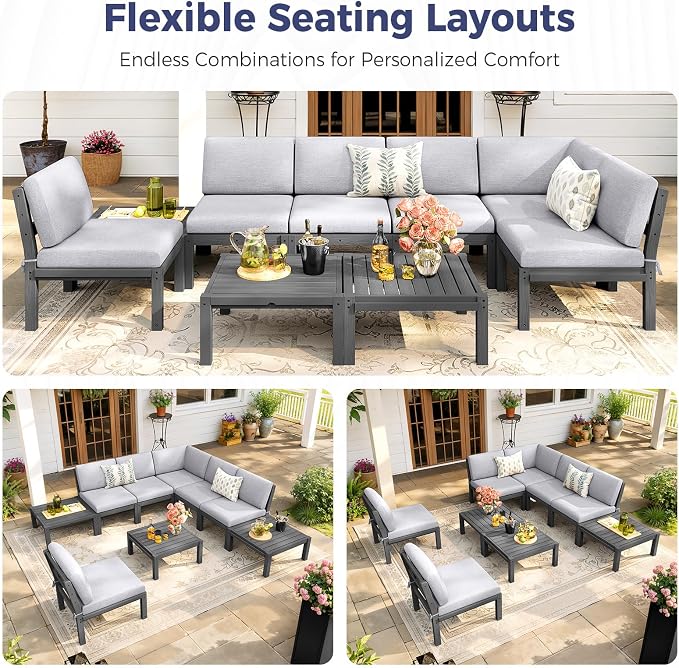 Outdoor Patio Chairs Set of 2, HIPS Modular Sectional Seatings & Thick Cushions– Side Interlock Easy to Connect, Weatherproof Patio Furniture Set for Backyard, Deck, Poolside (Grey)