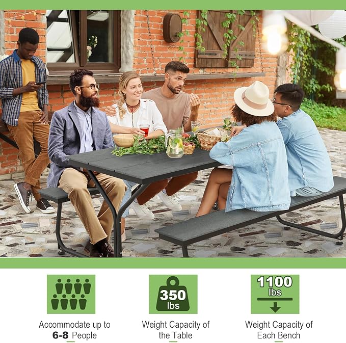 Tangkula 6 Ft HDPE Picnic Table, Plastic Picnic Table with 2 Benches, Umbrella Hole, Heavy-Duty Metal Frame, 8 Adjustable Foot Pads, 6-8 Person Outside Table Bench Set, 2550 lbs Capacity