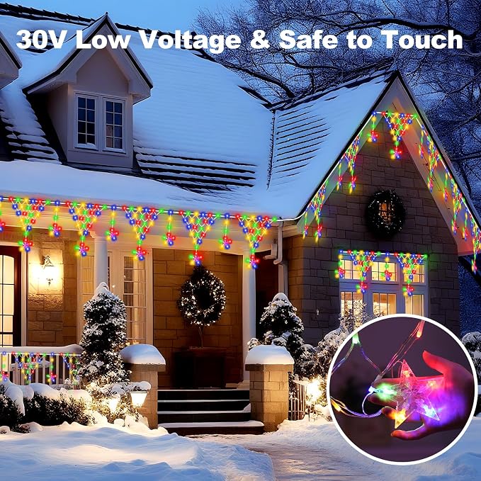 Christmas Icicle Lights, Outdoor Christmas Lights, 13.8FT 218 LED 8 Modes Curtain String Light, Plug-in LED Fairy Light for Wedding, Party, Indoor, Christmas Decoration - Multicolored