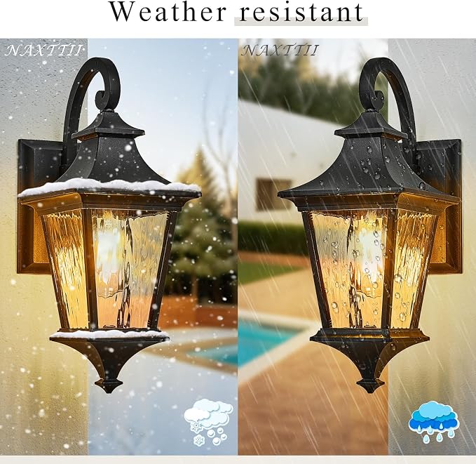 Modern Outside Lights for House 14.6 Inch 2-Pack Porch Light Outdoor with Water Ripple Glass Black Exterior Light Fixtures E26 Socket Downward Installation