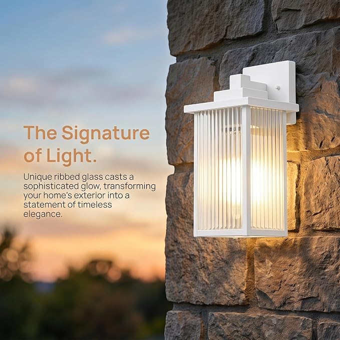 2-Pack 13" White Outdoor Wall Light, All-Metal Frame Porch Light | Textured Glass Softens Glare, Stays Bright. Anti-Yellowing White Metal. Pre-Assembled DIY Install. For Porch, Garage & Entry