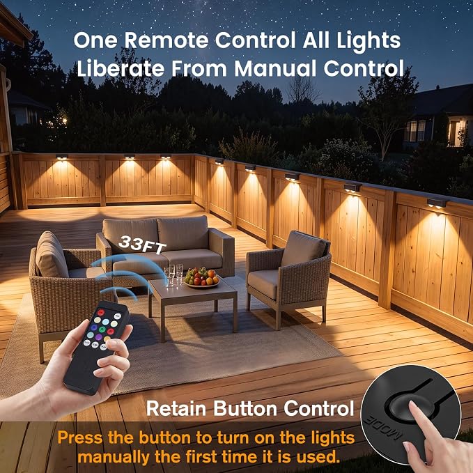 Bridika Solar Fence Lights Outdoor with Remote, L-Shaped Design, Black 12 | Remote sync all lights, 9 Colors & 3 modes, LED, IP65 waterproof, Dusk to dawn, for fence/deck/patio/stairs/railing/wall