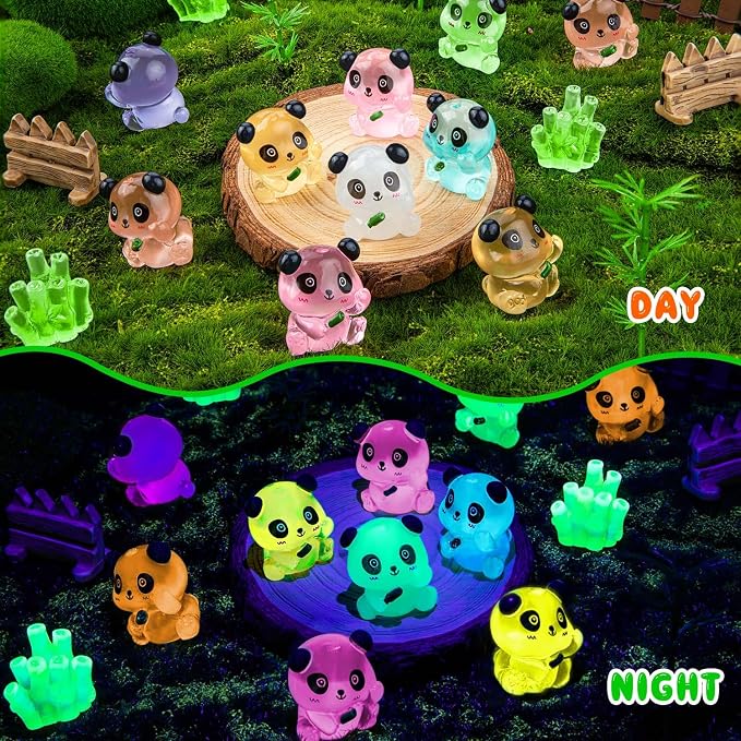 18PCS Luminous Mini Resin Panda Figurines with 2 Bamboos for Dollhouse | Cute Panda Figurines Miniature, Glow in The Dark Mini Panda Bamboo Bulk, Cake Topper, Micro Landscape, Garden DIY