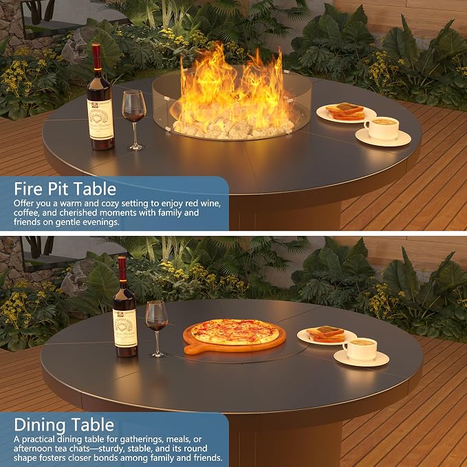 7 Pieces Outdoor Patio Furniture Set with 48" 55000 BTU Round Propane Fire Pit Table,Patio Dining Set Outdoor Conversation Sets 6 Chairs for Deck,Backyard and Garden,Brown