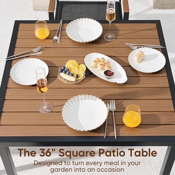 NATURAL EXPRESSIONS HDPS Patio Outdoor Table and Chairs Set for 4, Patio Dining Set with 4 Textilene Chair and 36” Square Fauxwood Patio Table with Umbrella Hole for Garden, Backyard, Deck (Black)