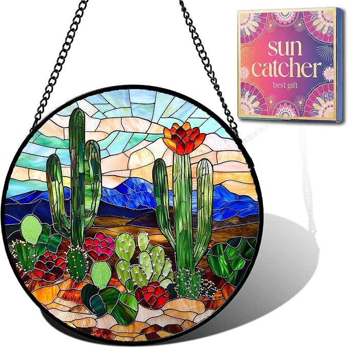 Birthday Gifts for Women - Cactus Flower Fairy Faux Stained Glass Window Hanging Sun Catcher for Door Garden Acrylic Home Decor Mother's Day for Mom Nana Friend Grandma Wife 7.8"