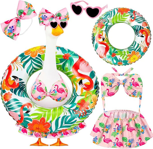 23 in Porch Goose Summer Outfit Bikini, Hawaiian Porch Goose Swimsuit Clothes Costume Accessories with Bow Glasses Swim Ring for 23" Summer Goose Garden Patio Statue Decor (Flamingos)