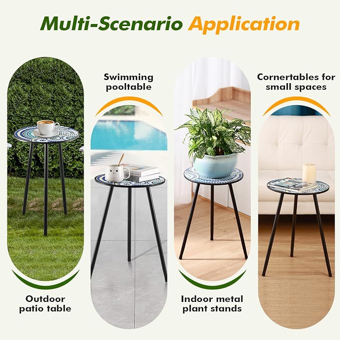 Party Zealot 2 Packs Metal Mosaic Round Side Tables 13.4" Small Outdoor Patio Round Accent Coffee Tables Indoor Corner Stand for Small Spaces Weather-Resistant for Balcony, Porch Plant Stands Indoor