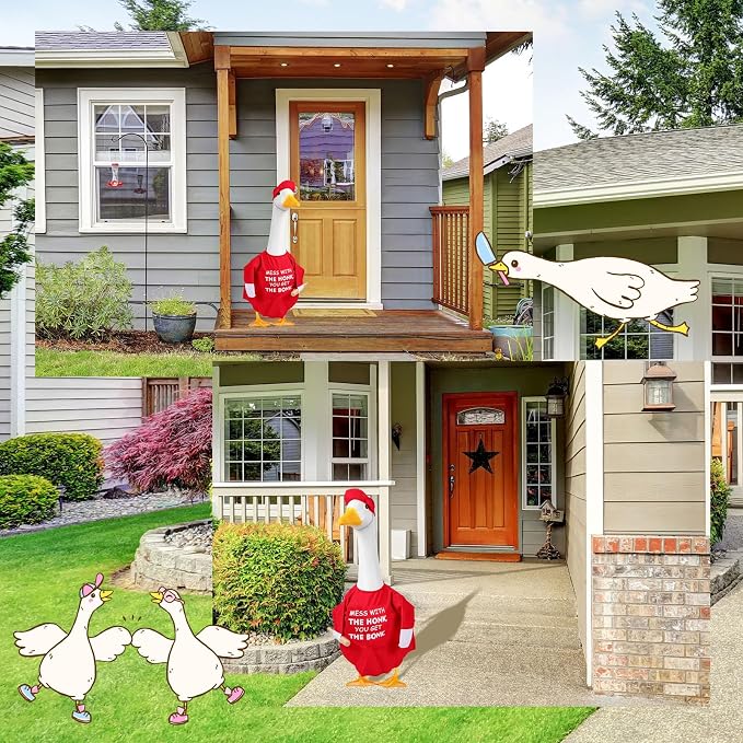 CAMDUCK Funny Porch Goose Outfit for 23 Inch Goose Statue, Mess with The Honk You Get The Bonk Goose Clothes, Decorative Lawn Geese Costume Clothing for Outdoor Decor (Red)