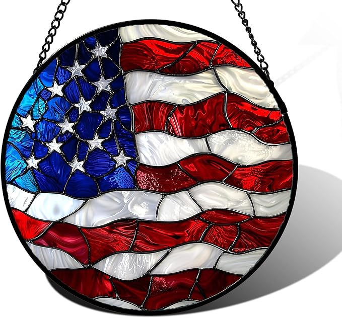 DASTOLL Stained Glass Window Hanging, Blue, White Red National Flag Pattern Sun Catchers Diamond Glass Panel Window Hangings Decor for Birthday Gifts for Women, Men, and Mom 9.8x9.8 in