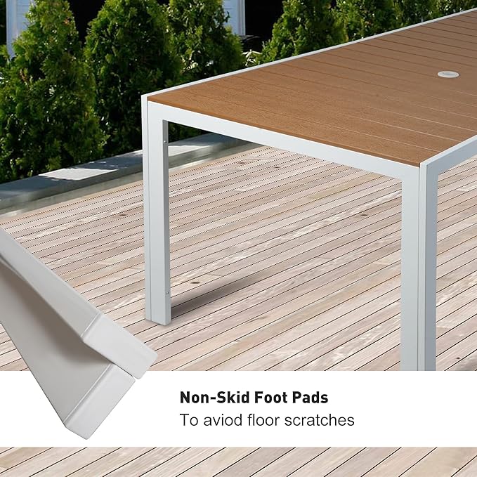 Dporticus Outdoor Dining Table for 6-8 Person, 71” Rectangular Patio Table with 1.6” - 2” Adjustable Umbrella Hole and Wood Like Tabletop for Outside or Indoor, Brown and White