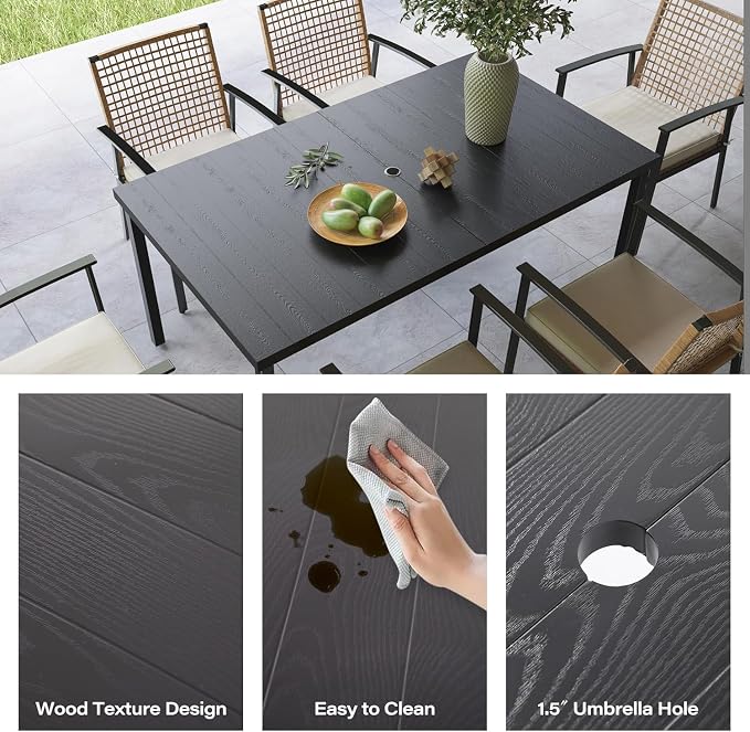 LAUSAINT HOME Outdoor Dining Table for 6, Rectangular Table with Umbrella Hole, Weather Resistant Heavy Duty Metal Frame Table for Lawn Garden Backyard, L63 xW37 xH29