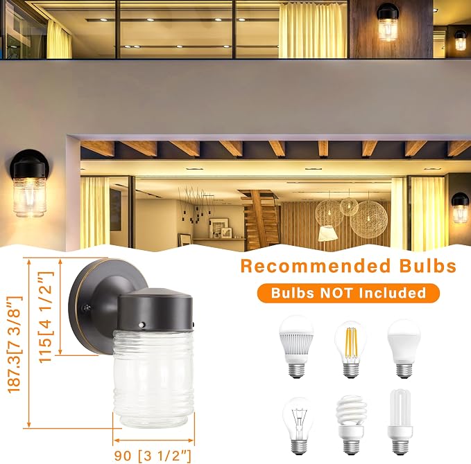EJIAXIN 2 Pack Outdoor Wall Lantern, Exterior Waterproof Wall Sconce Light Fixtures, Black Front Door Lighting with Clear Glass Shade, Anti-Rust E26 Socket Porch Lights for Entryway