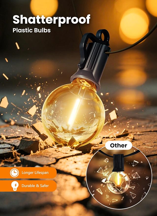 Outdoor String Lights, 100FT 50+2 G40 Bulbs Shatterproof Patio Lights | IP65 Waterproof Dimmable Hanging Connectable Globe LED Outdoor Lights for Christmas, Backyard, Bistro, Porch, Deck, Balcony