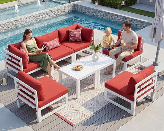 NICESOUL 6 Person Modern Aluminum Outdoor Patio Furniture Set, 29" Wide Deep Seating, Fade & Water Resistant L Shaped Modular Sectional Couch, Large Comfy Conversation Set for Backyard Terrace, Red