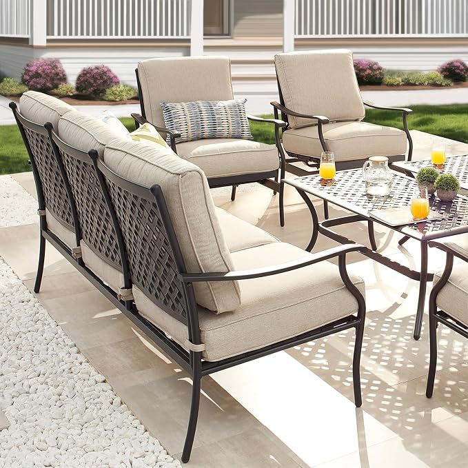 Patio Conversation Set 6 Pieces Outdoor All Weather Furniture Seating Sets with Beige Thick Cushions