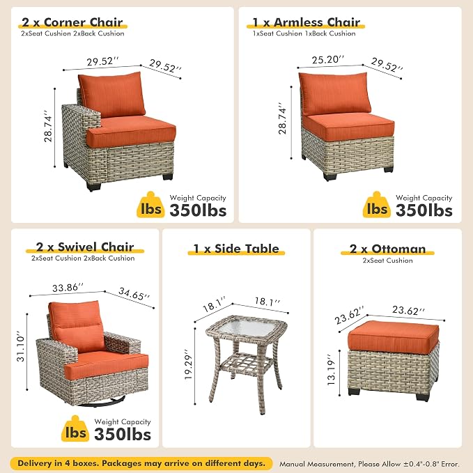 Patio Outdoor Furniture Set - All Weather Wicker Modular Sectional Sofa Couch,Patio Seating Outdoor Conversation Sets for Deck Yard Garden (Orange Red, 8 Pcs w/Swivel Glider)