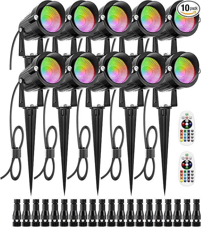 ZUCKEO 12W Color Changing Landscape Lights RGB Low Voltage Landscape Lighting Remote Control, Waterproof LED Outdoor Spotlight for Garden Pathway House Christmas Decor, 10 Pack with Connector