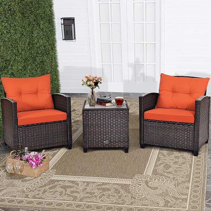 DORTALA Wicker Patio Furniture Set 3 Piece, Outdoor Table and Chairs with Tempered Glass Tabletop, Cushions, Small Rattan Conversation Sofa Set for Balcony, Porch, Backyard, Deck, Orange