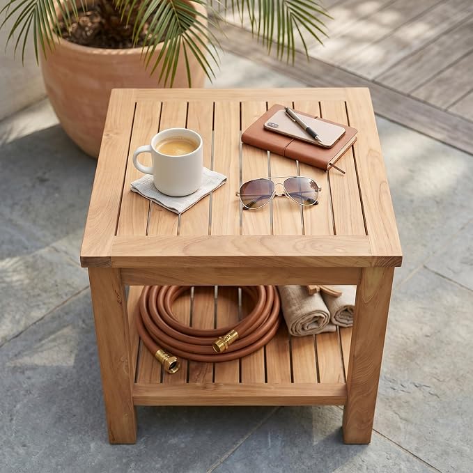 Hives & Honey Pavilion Outdoor Teak Side Table, Square 2-Tier Patio Table, Solid Grade-A Teak Wood for Deck, Porch, Balcony – Natural