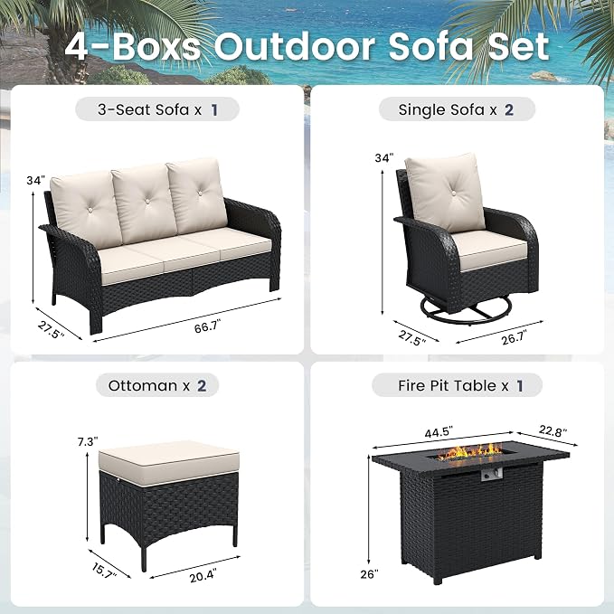 UDPATIO Patio Furniture Set with 44" Fire Pit Table, High Back 4 Swivel Rocker Chairs, Wicker Outdoor Conversation Sets with Thick Cushions & Ottoman, for Garden, Porch