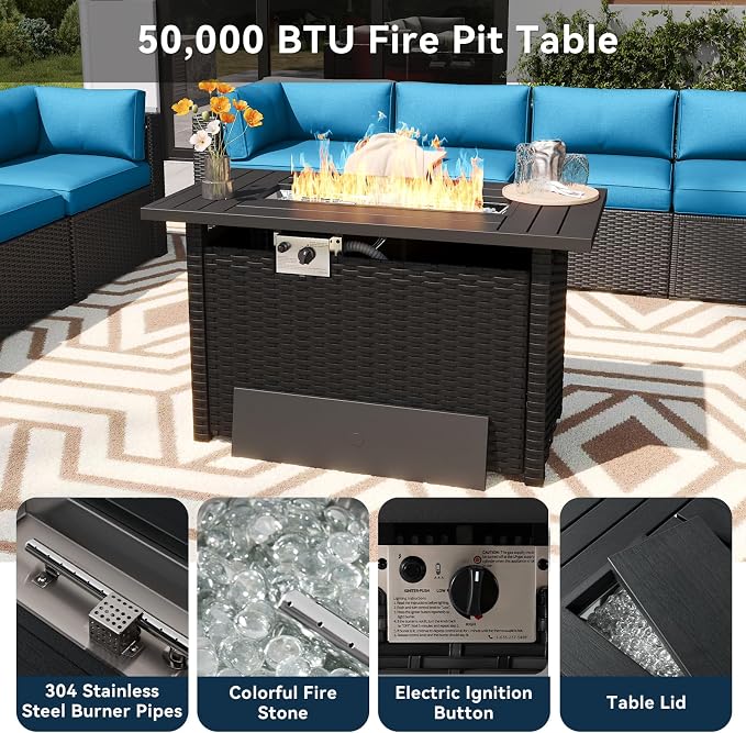 LazySunsets 12 Piece Outdoor Patio Furniture Set with 44'' Fire Pit Table, Outdoor Patio Furniture Sets with 4'' Thicken Cushion, Wicker Outdoor Conversation Set for Backyard & Garden, Peacock Blue