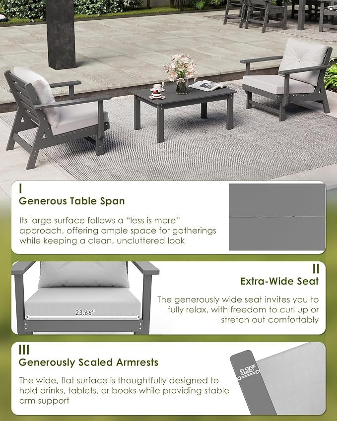 GREENVINES 3-Piece-Patio-Furniture-Set | HDPE Plastic | Outdoor Sectional Conversation Sets | All-Weather Couch | Sofa with Coffee Table | Detachable Armrests | for Deck Lawn | Gray