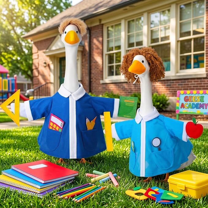 Abbylike 2 Set Back to School Porch Goose Outfit Teacher Classroom Yard Goose Costume Clothes with Book and Ruler Fits 23'' Cement for First Day of School Patio Lawn Garden Pathway Statue Decorations
