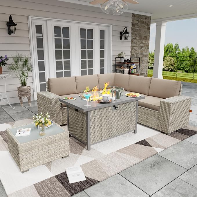 7 Piece Patio Furniture Set with 50,000 BTU Rattan Fire Pit Table that Converts to Coffee Table, 9.8" Wide Arm Sectional Sofa with Storage Armrests, Outdoor Rattan Conversation Set, Khaki