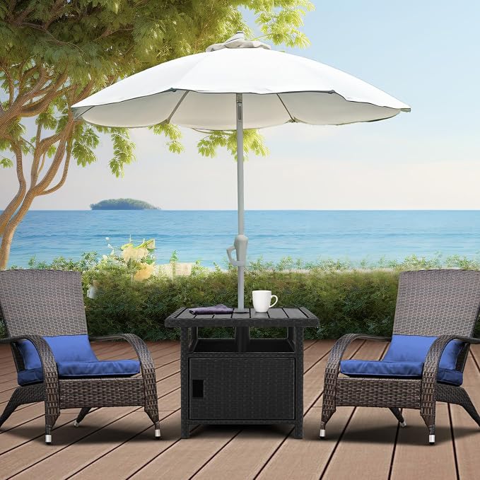 Outdoor Patio Umbrella Side Table with Umbrella Hole Small Wicker Coffee Table with Storage & 2 Weight Bags for Outside End Tables with Poly Lumber Top for Pool Deck Backyard Black
