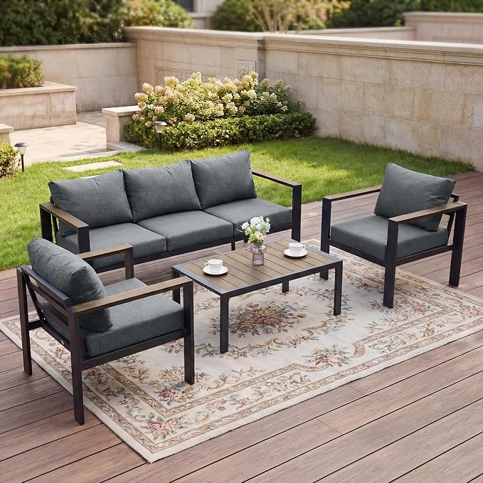 Outdoor Patio Furniture Set 5 Seats Luxury Aluminum Patio Conversation Set with Washable Thick Cushions, 4 Pieces Outdoor Sectional for Porch, Balcony, Deck, Yard, Gray