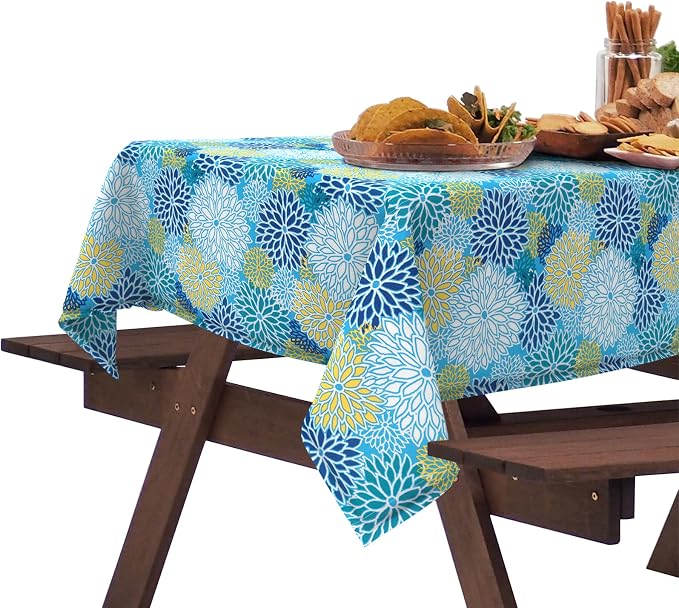 DYTXIII Outdoor Rectangle Tablecloth with Umbrella Hole and Zipper 84" x 60", Water Repellent Floral Picnic Cover, Fade & Wrinkle Resistant Tablecloth for Patio/Garden/Party Table, Dahlia Blue
