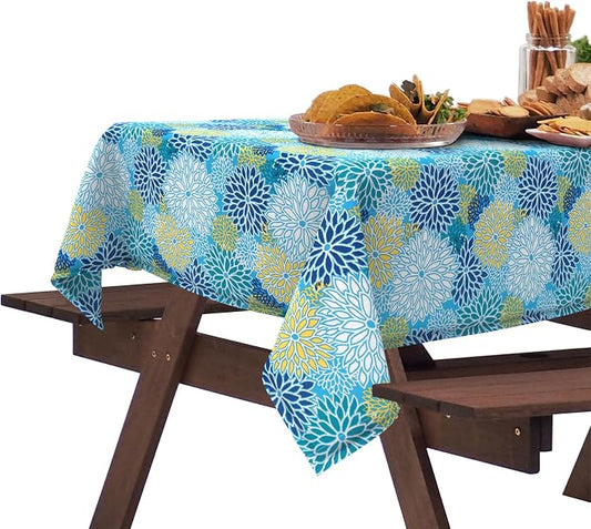 DYTXIII Outdoor Rectangle Tablecloth with Umbrella Hole and Zipper 84" x 60", Water Repellent Floral Picnic Cover, Fade & Wrinkle Resistant Tablecloth for Patio/Garden/Party Table, Dahlia Blue