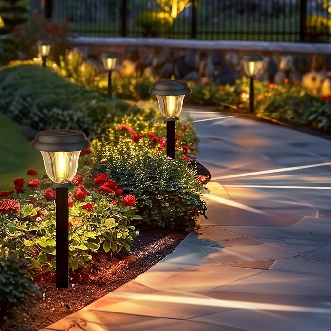 DERAYSION 8 Pack Solar Lights Outdoor, Stainless Steel Glass Solar Pathway Lights, Auto On/Off Long-Lasting Waterproof Garden Lights for Landscape, Path, Yard, Driveway, Walkway Decor (Warm White)