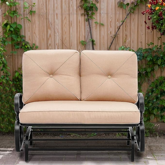 Patio Bench, Porch Glider Outdoor Swing Glider Rocking Loveseat, Steel Frame Chair with Thick Cushion (Brown)