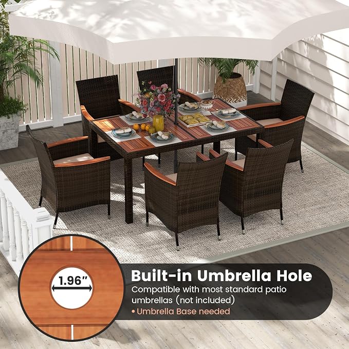 7-Piece Outdoor Wicker Dining Set with Umbrella Hole, Patio Dining Furniture with Acacia Wood Table and Chairs, for Garden, Backyard, Desk & Poolside (Brown)