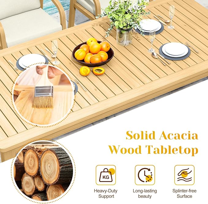 FansaFurn 3-Piece Outdoor Dining Set for 4 with 2 Benches and Cushion, All-Weather Acacia Wood Patio Table and Bench Set for Garden and Lawn, Beige