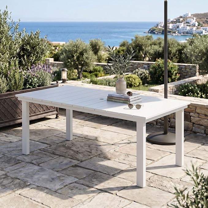 ROCSUMOO Outdoor Dining Table, 70" HDPE Dining Table with Umbrella Hole for 6-8 (White)