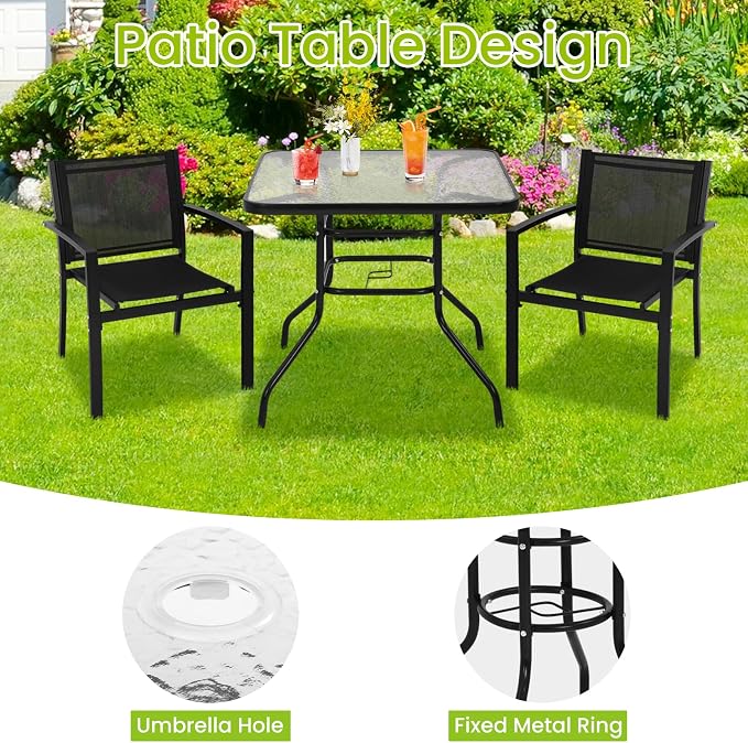 32 Inch Outdoor Bistro Table, Square Patio Table Tempered Glass Bistro Dining Set with Umbrella Hole for Garden, Balcony, Yard, Bars & Restaurant
