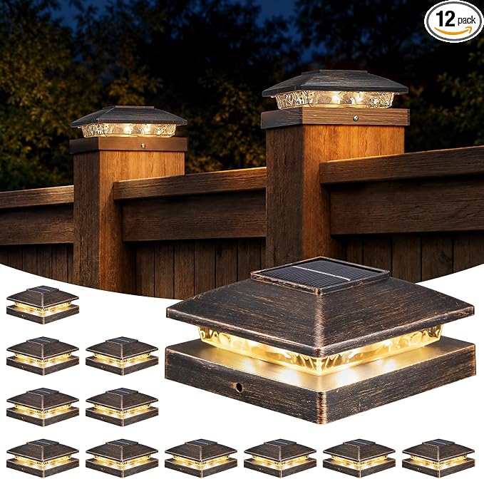 APONUO Solar Post Cap Lights for 4x4 Posts - IP64 Waterproof, Warm White, Wireless Fence Lights & Deck Lights for Patios, Gardens, and Yards, Brushed Copper, 12 Pack