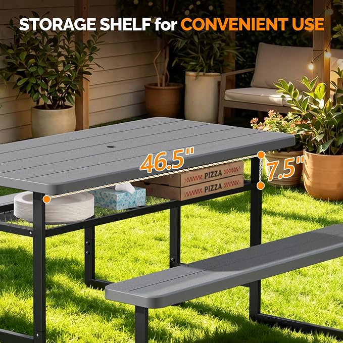 VINGLI Outdoor Picnic Table with Storage Shelf & Umbrella Hole, 4.5FT All Weather Metal Frame HDPE Tabletop Plastic Picnic Table for Dining Party Garden(Grey)